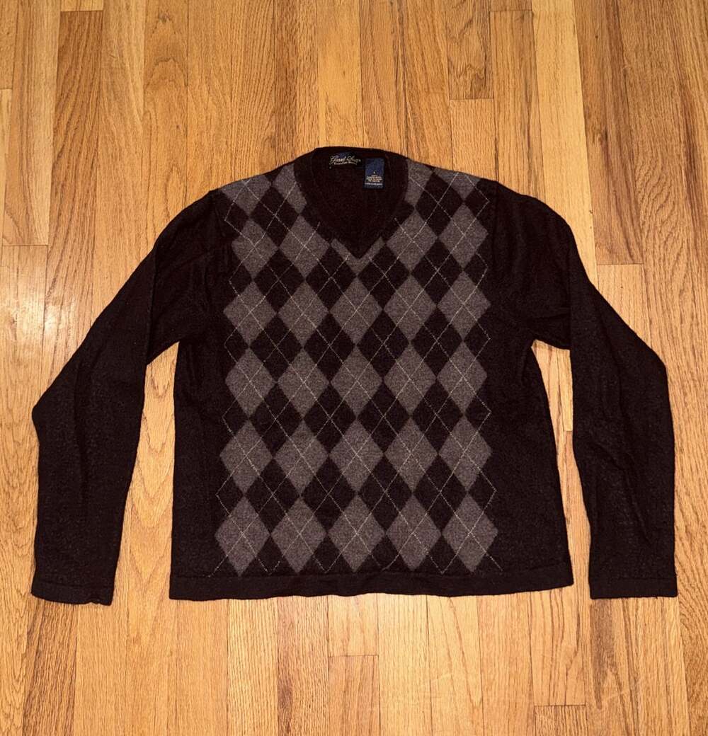 Garret Scott Men’s 100% Merino Wool Argyle V-Neck Sweater Size L